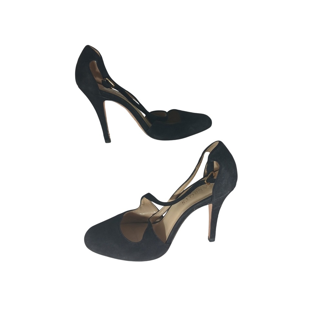 Talbots Luisa T-Strap Pumps 6.5B Black Suede Round Toe High Heels Cutout Leather